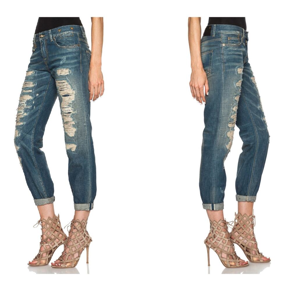 R13 Low Rise 100% Cotton Relaxed Skinny Shredded Blue Distressed Jeans 26